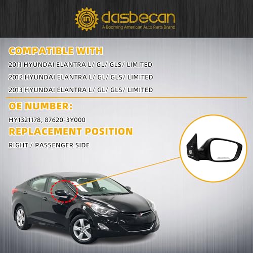 Dasbecan Right Passenger Side Mirror Compatible With 2011-2013 Hyundai Elantra Rear view Mirror Black With Manual Folding/Heated/Power Adjustment/Turn Signal Replace# HY1321178 (6Pin) - Image 3