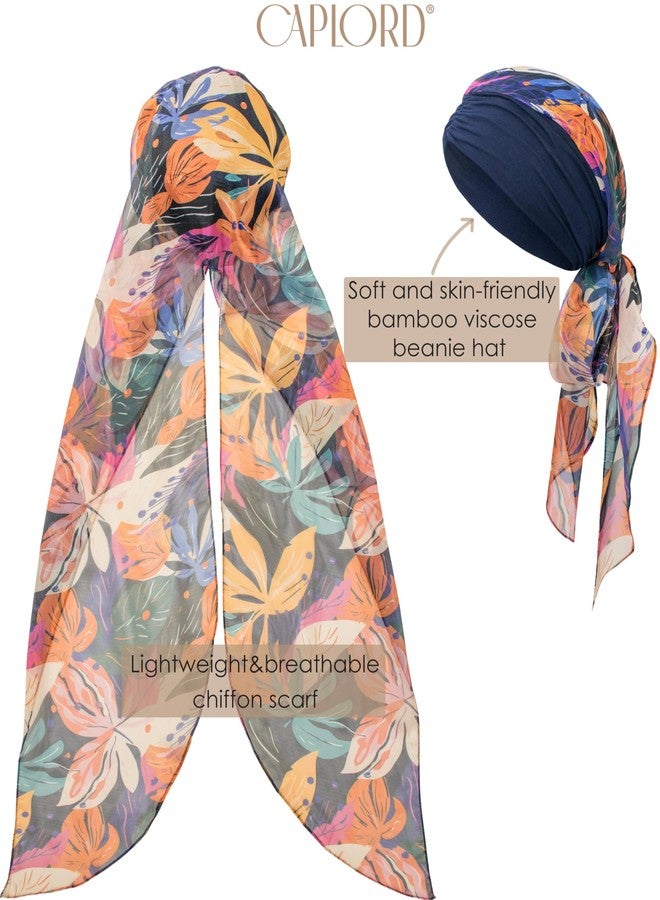 CAPLORD Head Scarf for Women Skull Cap Chemo Patients Headwear Cancer Hair Loss Scarf Headwrap Cover Hat Turban Covering Wrap (Navy Chromafloral, One Size) - Image 4