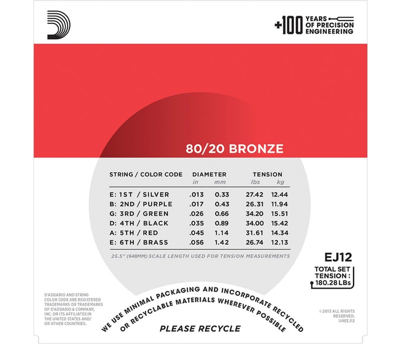 Daddario D'Addario EJ12 80/20 Bronze Acoustic Guitar Strings Medium - 13-56 - Image 2