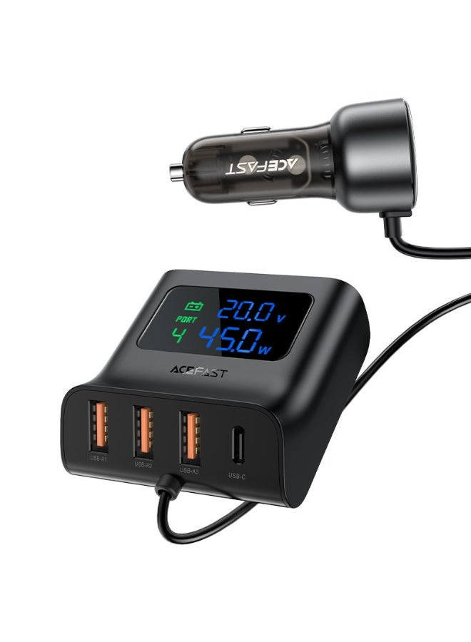 ACEFAST Fast Charge 138W Car HUB Charger B11,1USB-C & 3USB-A, Digital display shows charging voltage - Black, Suitable for phones / tablets / game consoles / laptops - Image 1