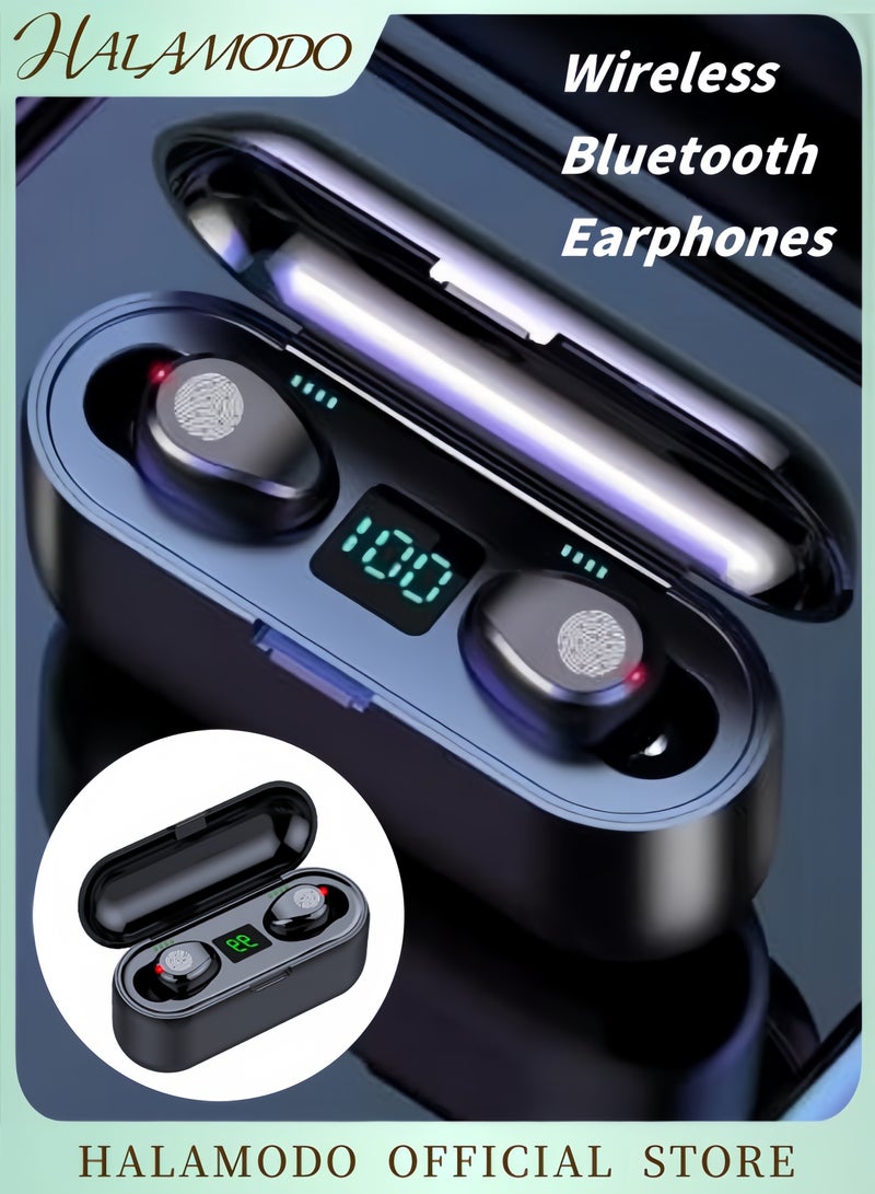 Halamodo Touch Control Wireless Bluetooth Earphones Mini F9 5.0 TWS IPX5 Waterproof Earphones Stealth Sports Earphones Stereo Bluetooth Headset with USB Charging Case - Image 1