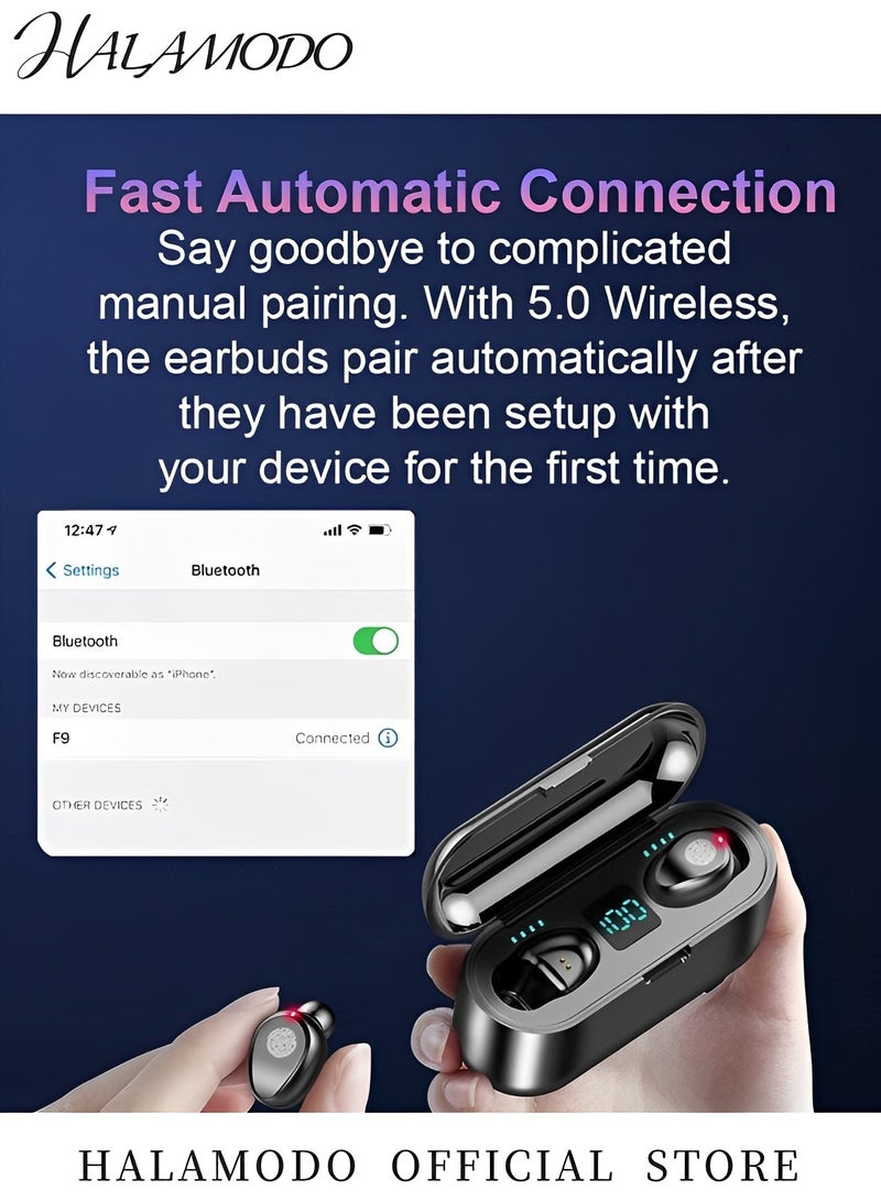 Halamodo Touch Control Wireless Bluetooth Earphones Mini F9 5.0 TWS IPX5 Waterproof Earphones Stealth Sports Earphones Stereo Bluetooth Headset with USB Charging Case - Image 4