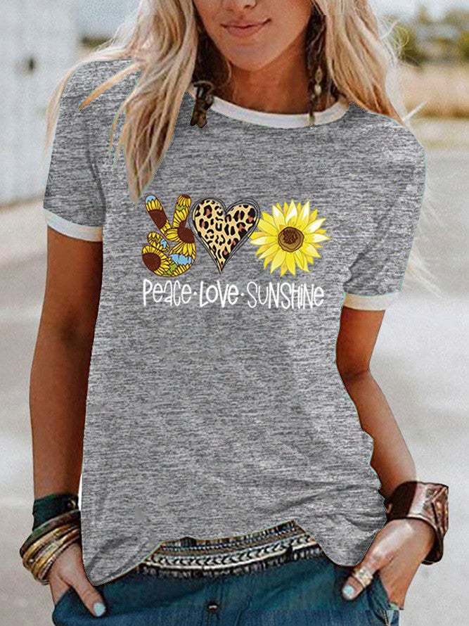 Wish Peace Sunflower Pattern Print Edge Short Sleeve T-Shirt For Women - Image 1