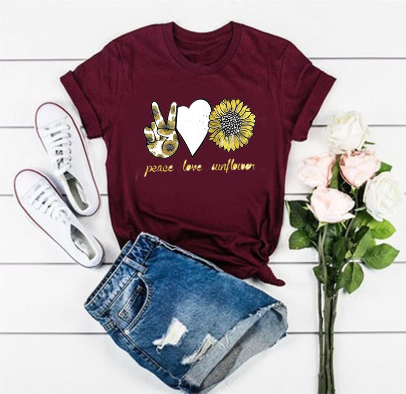 wish summer Women's PEACE LOVE SUNSHINE printed round neck casual short sleeve t-shirt - Image 3