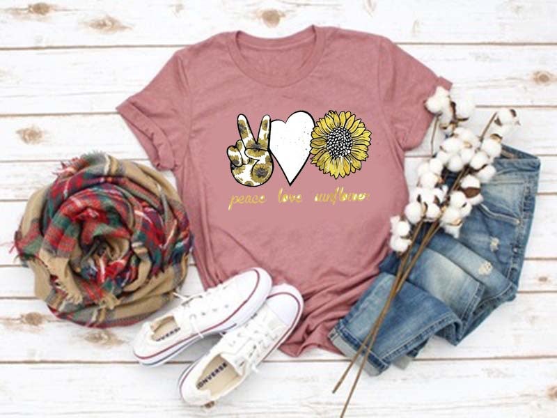 wish summer Women's PEACE LOVE SUNSHINE printed round neck casual short sleeve t-shirt - Image 1