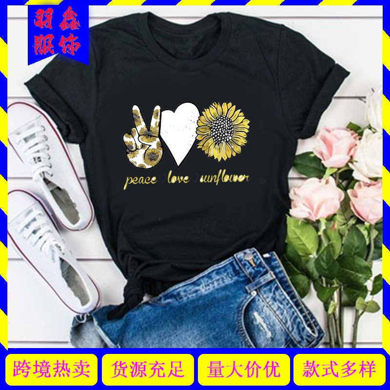 wish summer Women's PEACE LOVE SUNSHINE printed round neck casual short sleeve t-shirt - Image 2
