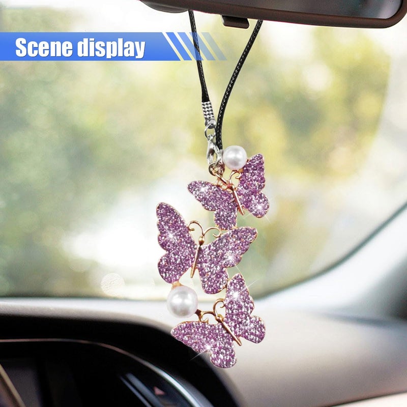BDZMC Bling Butterfly Diamond Car Hanging Accessories, Crystal Rear View Mirror Charms, Hanging Ornament Pendant Lucky Presents for Women, Interior Decoration Accessories (Purple) - Image 5