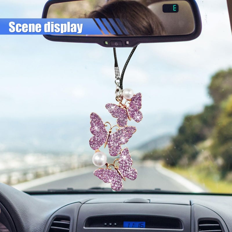 BDZMC Bling Butterfly Diamond Car Hanging Accessories, Crystal Rear View Mirror Charms, Hanging Ornament Pendant Lucky Presents for Women, Interior Decoration Accessories (Purple) - Image 4