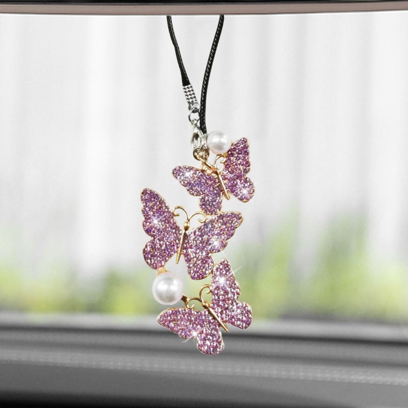 BDZMC Bling Butterfly Diamond Car Hanging Accessories, Crystal Rear View Mirror Charms, Hanging Ornament Pendant Lucky Presents for Women, Interior Decoration Accessories (Purple) - Image 1