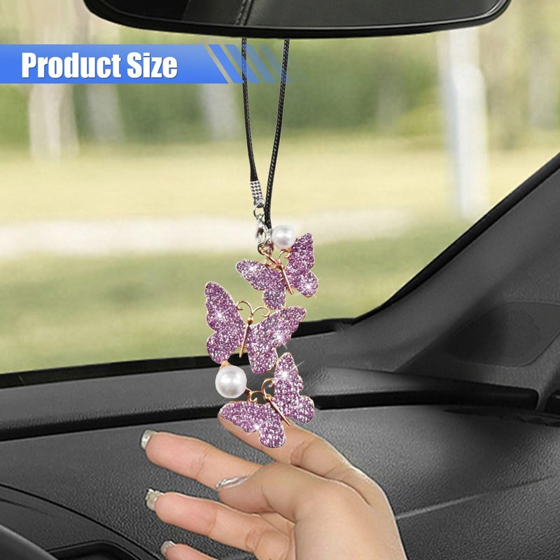 BDZMC Bling Butterfly Diamond Car Hanging Accessories, Crystal Rear View Mirror Charms, Hanging Ornament Pendant Lucky Presents for Women, Interior Decoration Accessories (Purple) - Image 3
