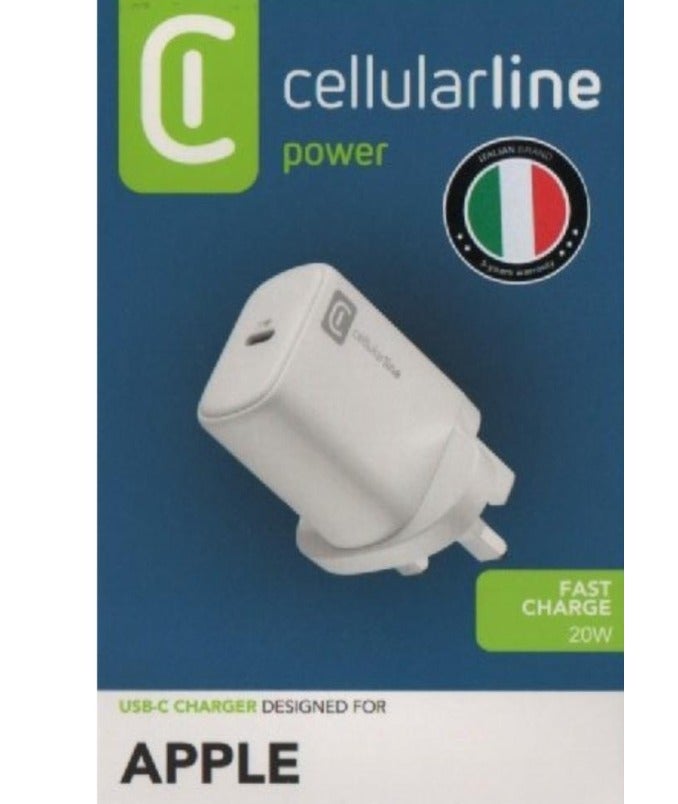 شاحن جداري Cellularline بقوة 20 واط بمنفذ USB-C وتقنية الشحن السريع.