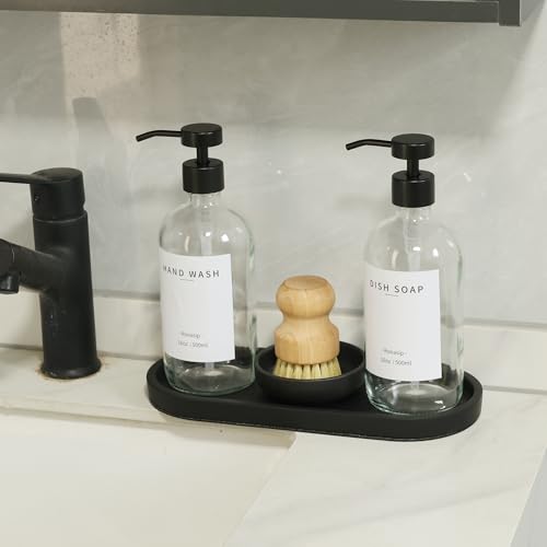 Ronasip Set of 5 Kitchen Soap Dispenser Set 16 Oz Glass Hand Dish Soap Dispenser with Stainless Steel Pump, Cement Tray, Dish Scrub Brush for Farmhouse Rustic Home Bathroom Decor (Transparency) - Image 2