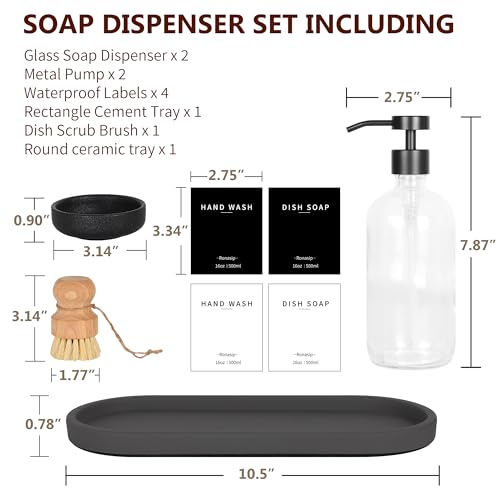 Ronasip Set of 5 Kitchen Soap Dispenser Set 16 Oz Glass Hand Dish Soap Dispenser with Stainless Steel Pump, Cement Tray, Dish Scrub Brush for Farmhouse Rustic Home Bathroom Decor (Transparency) - Image 5