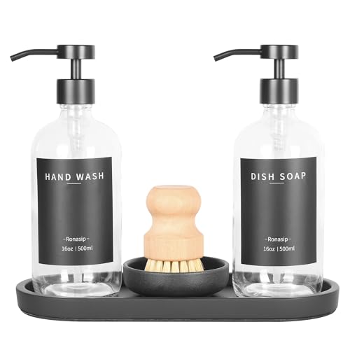 Ronasip Set of 5 Kitchen Soap Dispenser Set 16 Oz Glass Hand Dish Soap Dispenser with Stainless Steel Pump, Cement Tray, Dish Scrub Brush for Farmhouse Rustic Home Bathroom Decor (Transparency) - Image 1