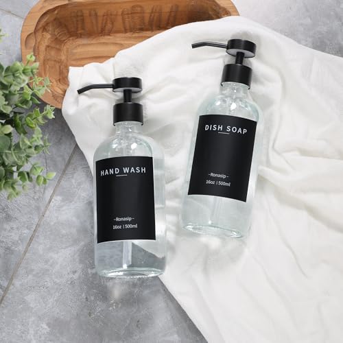 Ronasip Set of 5 Kitchen Soap Dispenser Set 16 Oz Glass Hand Dish Soap Dispenser with Stainless Steel Pump, Cement Tray, Dish Scrub Brush for Farmhouse Rustic Home Bathroom Decor (Transparency) - Image 3