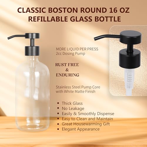 Ronasip Set of 5 Kitchen Soap Dispenser Set 16 Oz Glass Hand Dish Soap Dispenser with Stainless Steel Pump, Cement Tray, Dish Scrub Brush for Farmhouse Rustic Home Bathroom Decor (Transparency) - Image 4