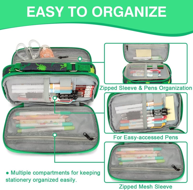 Vaschy Pencil Case for Boys, Aesthetic Kawaii Large Pencil Pouch Stationary Pencil Bag/Box for Preppy Kids, Pen Organizer Holder School Supply Green Dinos - Image 3