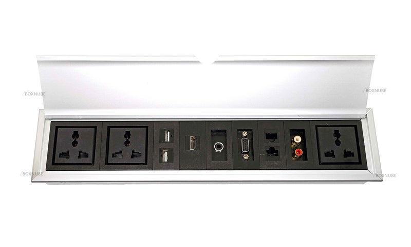 BOXNUBE Fliptop Box Cable Cubby Extension Board with Universal Power Sockets, LAN, HDMI, VGA, Aux, USB & 2RCA Ports (Silver) - Image 5