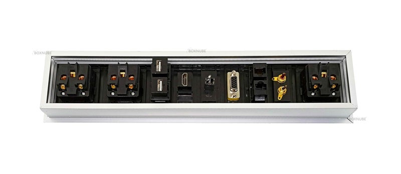 BOXNUBE Fliptop Box Cable Cubby Extension Board with Universal Power Sockets, LAN, HDMI, VGA, Aux, USB & 2RCA Ports (Silver) - Image 3