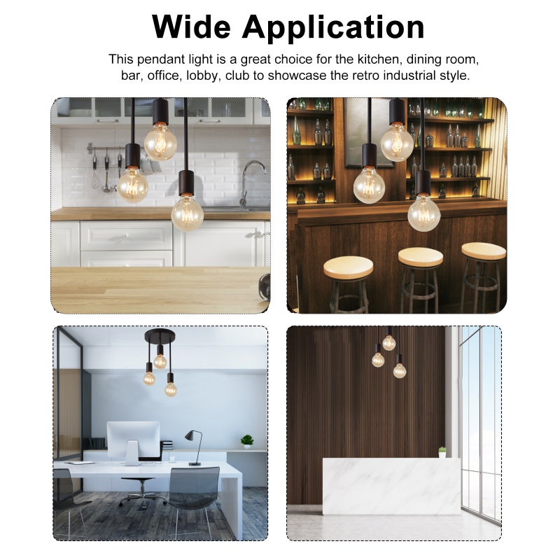 AC 110-120V Retro 3 Heads Chandelier Hanging Pendant Lamp E26 Base Socket Holder for Living Room Bedroom Study Room Cafe Shop - Image 4