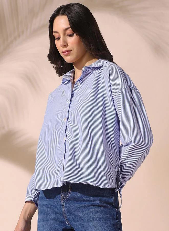 Dennis Lingo Women'S Blue Cotton Blend Striped Button Down Relaxed Shirt