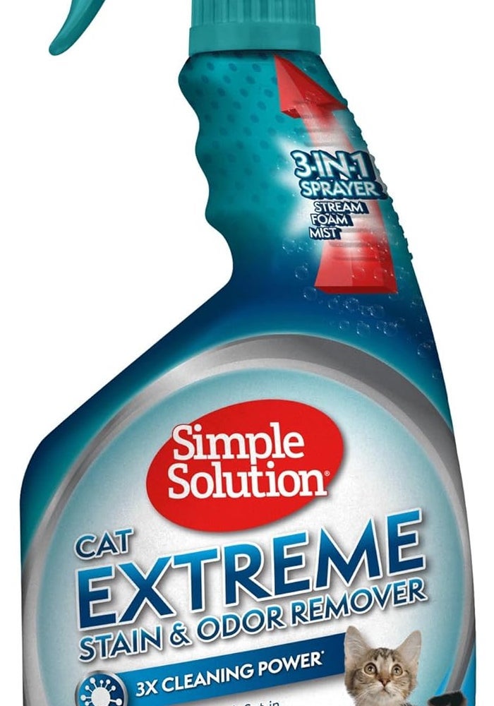 Simple Solution حل بسيط مزيل بقع القطط المتطرف للروائح القوية، مزيل روائح الحيوانات الأليفة للمنزل، مزيل البقع للقطط، أساسيات الجراء، منظف الأرضيات، مدمر البول، بخاخ منظف السجاد، 32 أونصة - Image 1