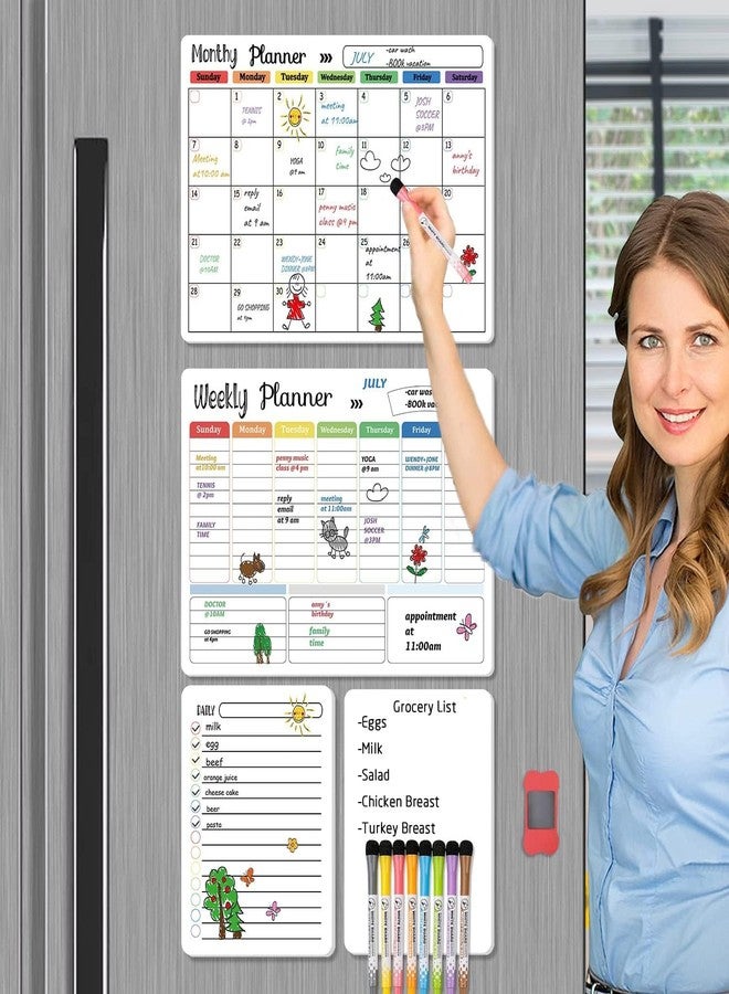 Hivillexun Magnetic Dry Erase Calendar Whiteboard Set (4-Pack) for Home and Kitchen, with Monthly and Weekly Views (16.5” x 11.8”), Magnetic Whiteboard and Daily Planners (12” x 8”) 8 Markers & Eraser - Image 5