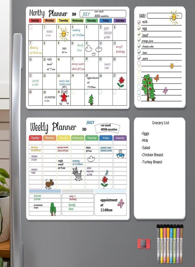 Hivillexun Magnetic Dry Erase Calendar Whiteboard Set (4-Pack) for Home and Kitchen, with Monthly and Weekly Views (16.5” x 11.8”), Magnetic Whiteboard and Daily Planners (12” x 8”) 8 Markers & Eraser - Image 1