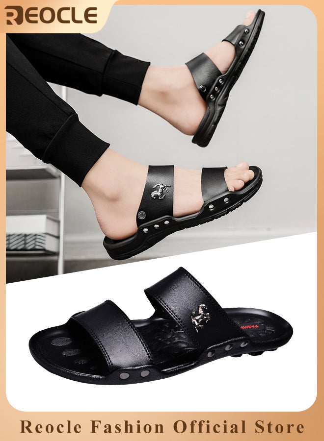 ريوكل صنادل رجالية كلاسيكية مصنوعة من الجلد النباتي مع نعل مضاد للانزلاق وأصابع مفتوحة للمشي والشاطئ والأنشطة المائية وحمام السباحة - Image 1