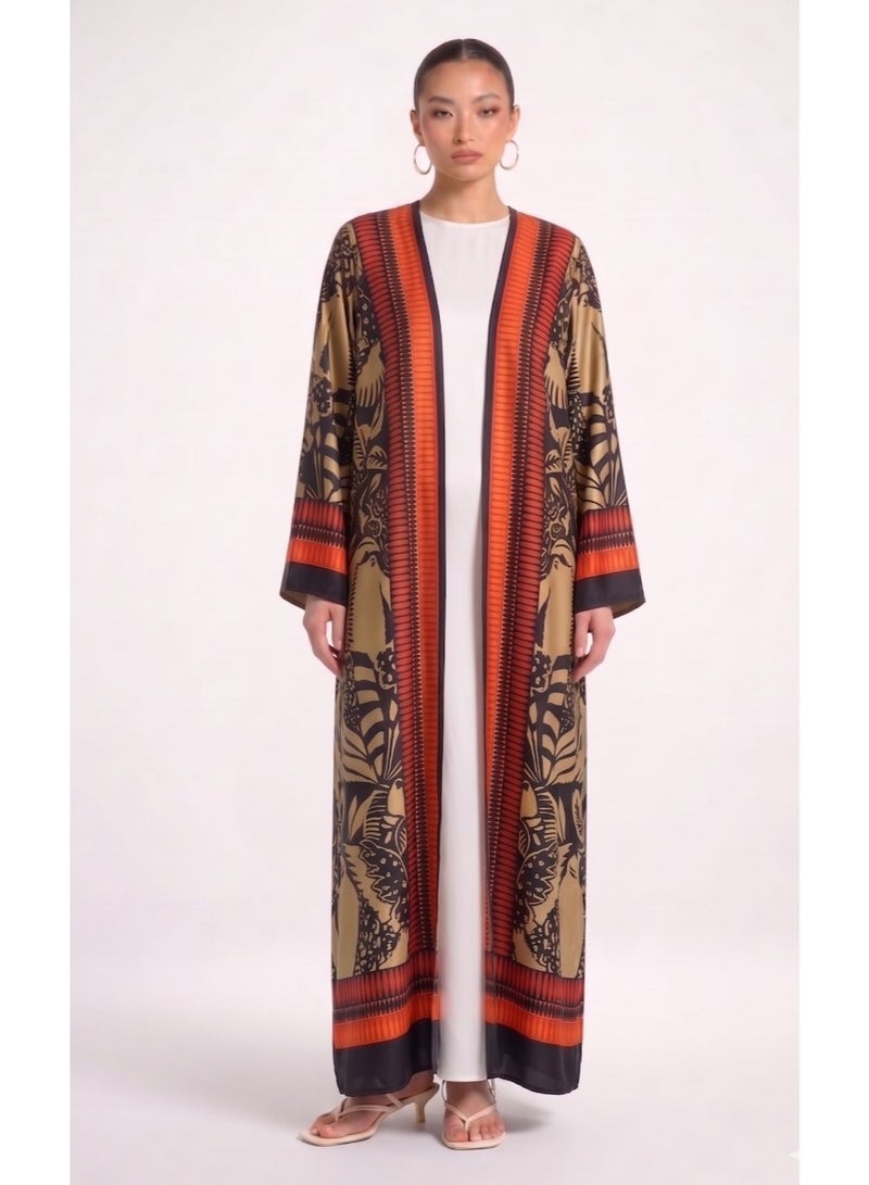 Next Abaya Luxury Tribal Aztec Print Silk Open Abaya Tan and Orange Patterned Kimono - Image 1