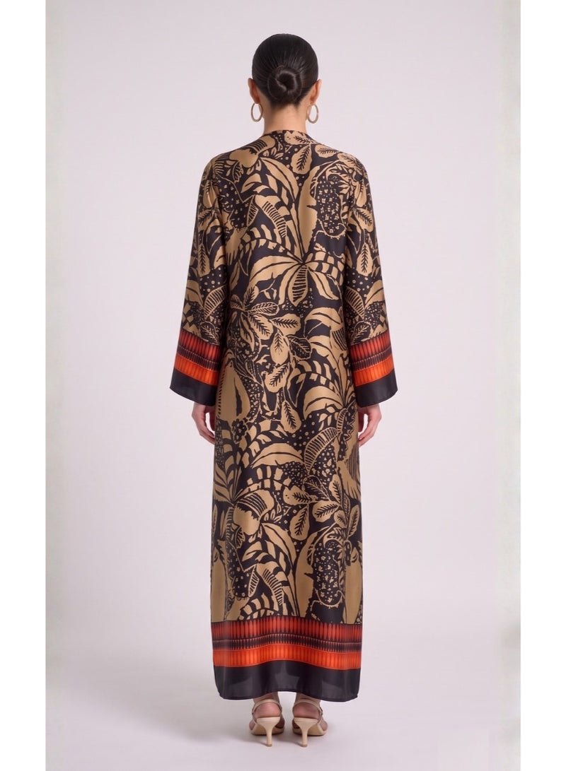 Next Abaya Luxury Tribal Aztec Print Silk Open Abaya Tan and Orange Patterned Kimono - Image 2