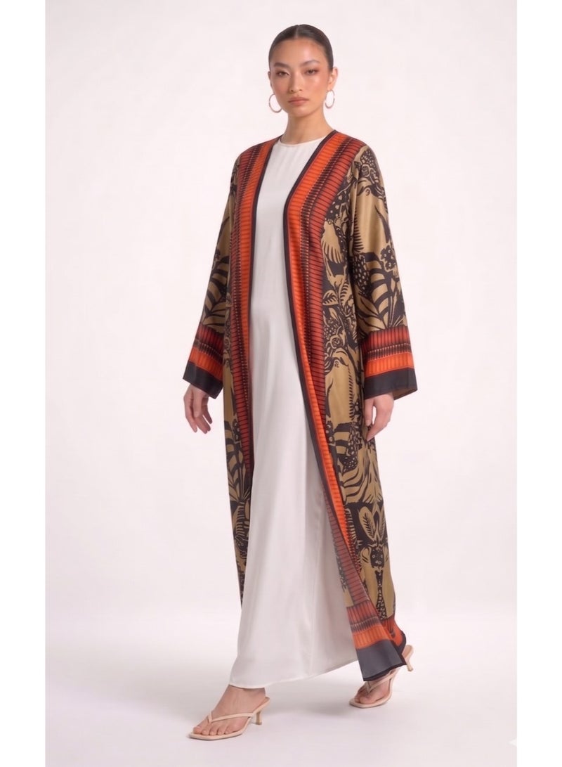 Next Abaya Luxury Tribal Aztec Print Silk Open Abaya Tan and Orange Patterned Kimono - Image 3