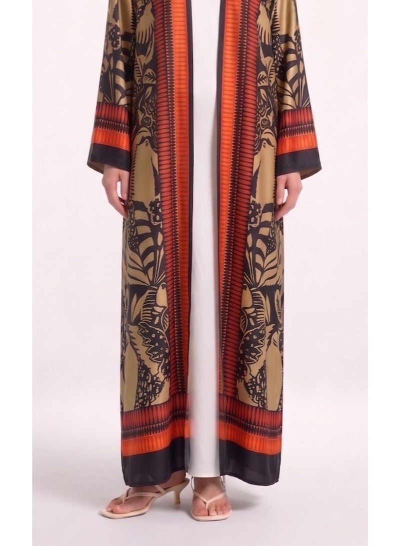 Next Abaya Luxury Tribal Aztec Print Silk Open Abaya Tan and Orange Patterned Kimono - Image 4