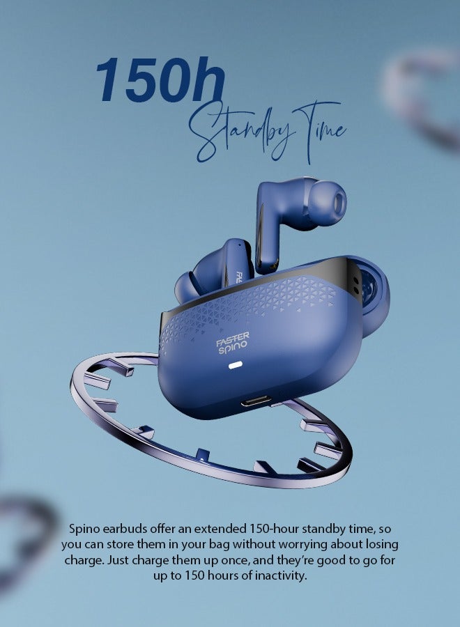 Faster Spino Wireless Earbuds- Bluetooth 5.4+EDR with ENC Noise Cancelling Ear Buds 10mm Drivers Smart Touch Control 5H Playtime 150H Standby- Type-C Fast Charging Low Latency Voice Assistant, Midnight Blue - Image 4