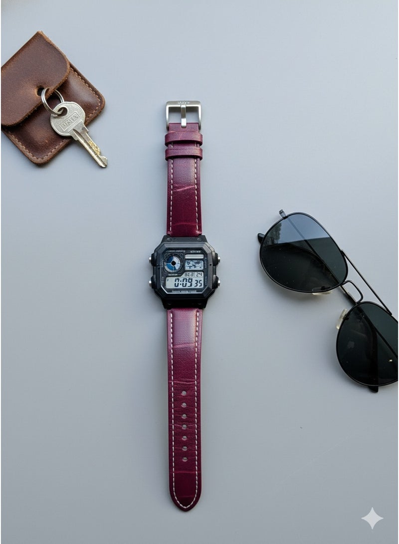 Macon Digital Sports Watch, Black Square Dial,Dark Red Leather Strap, Alarm, Stopwatch, Waterproof - Image 3