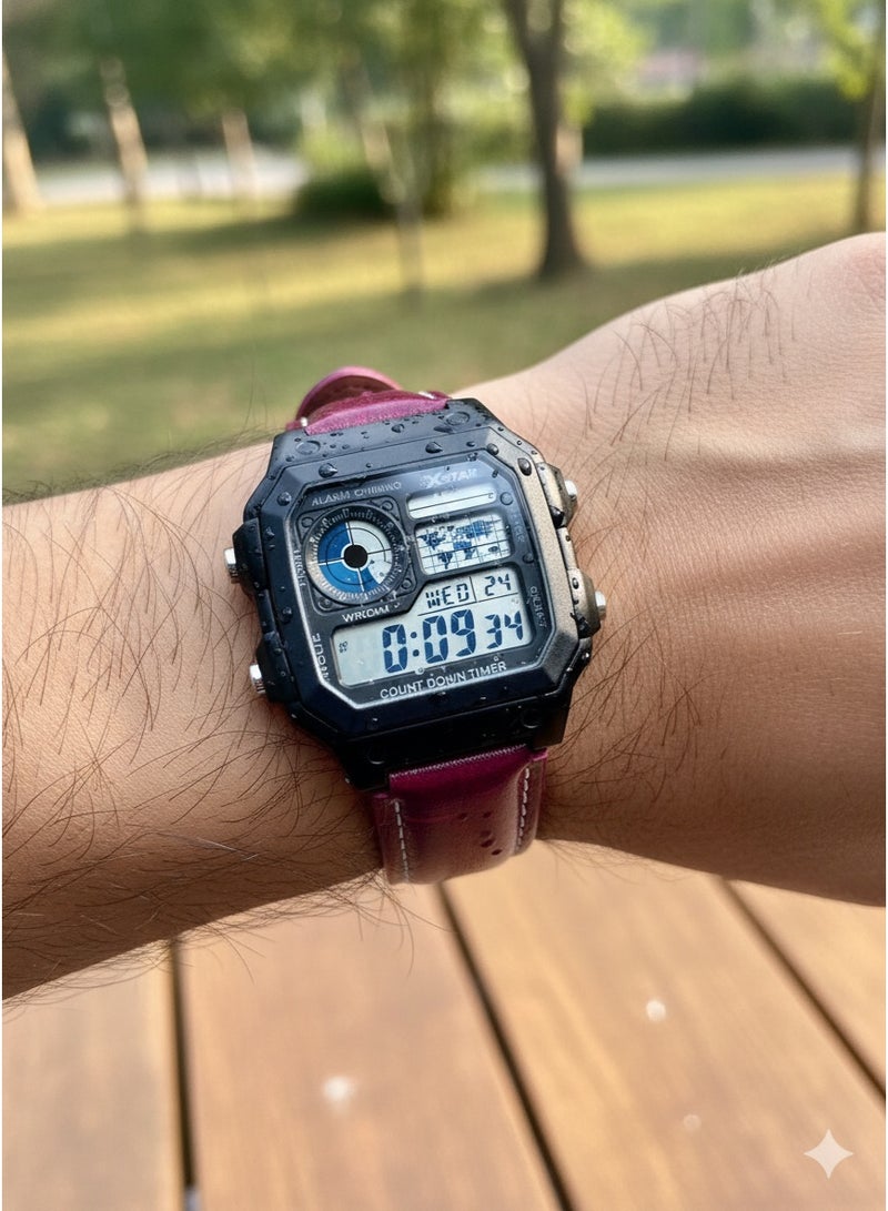 Macon Digital Sports Watch, Black Square Dial,Dark Red Leather Strap, Alarm, Stopwatch, Waterproof - Image 4