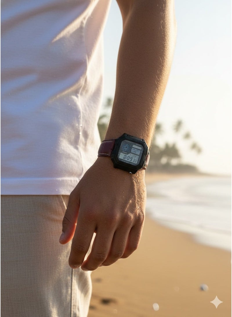 Macon Digital Sports Watch, Black Square Dial,Dark Red Leather Strap, Alarm, Stopwatch, Waterproof - Image 2