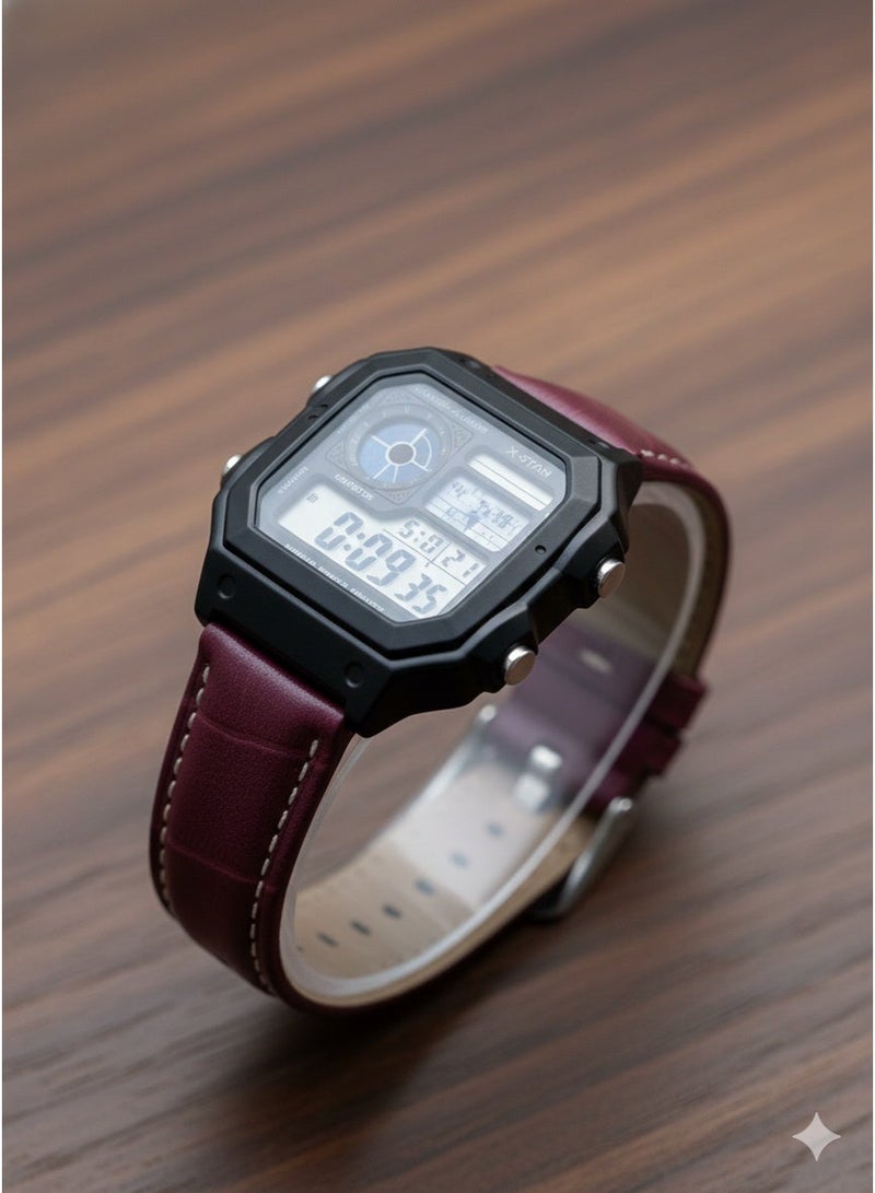 Macon Digital Sports Watch, Black Square Dial,Dark Red Leather Strap, Alarm, Stopwatch, Waterproof - Image 1