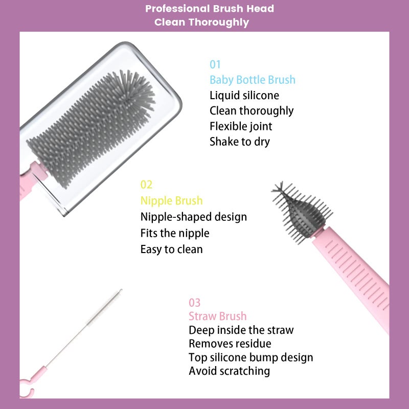 Augensterm Pink Silicone Baby Bottle Cleaner Kit - Bottle Brush Set, Drying Rack, Nipple & Straw Brushes, Soap Dispenser - Travel & Home Use - Image 3