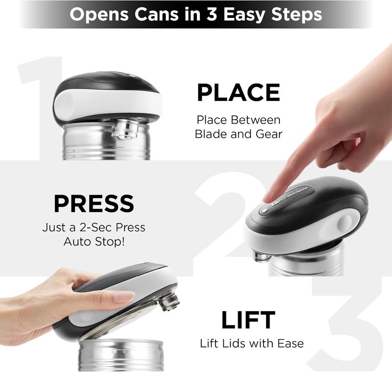 Kitchen Mama One-To-Go Electric Can Opener: One Touch, Auto Stop, Smooth Edge, Lid Lift, Safety, Automatic, Magnetic, Cordless, Battery Operated, Kitchen Appliance for Senior with Arthritis (White) - Image 3