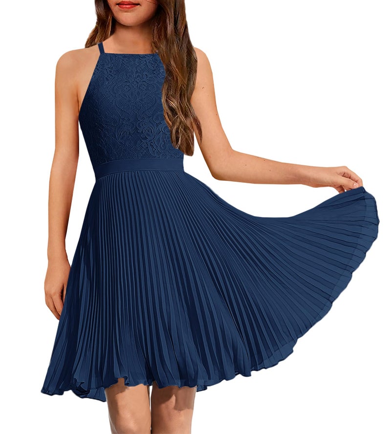 HOSIKA Teen Girls Vintage Floral Lace Chiffon Dress Halter A Line Bridesmaid Casual Party Dresses Navy Blue - Image 1