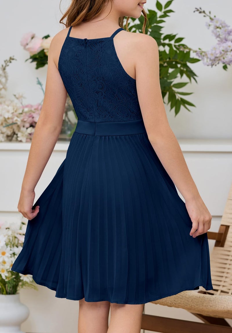 HOSIKA Teen Girls Vintage Floral Lace Chiffon Dress Halter A Line Bridesmaid Casual Party Dresses Navy Blue - Image 4