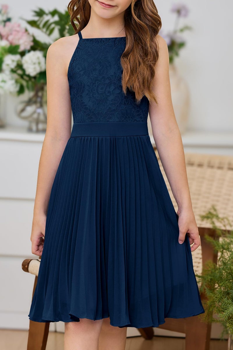 HOSIKA Teen Girls Vintage Floral Lace Chiffon Dress Halter A Line Bridesmaid Casual Party Dresses Navy Blue - Image 2