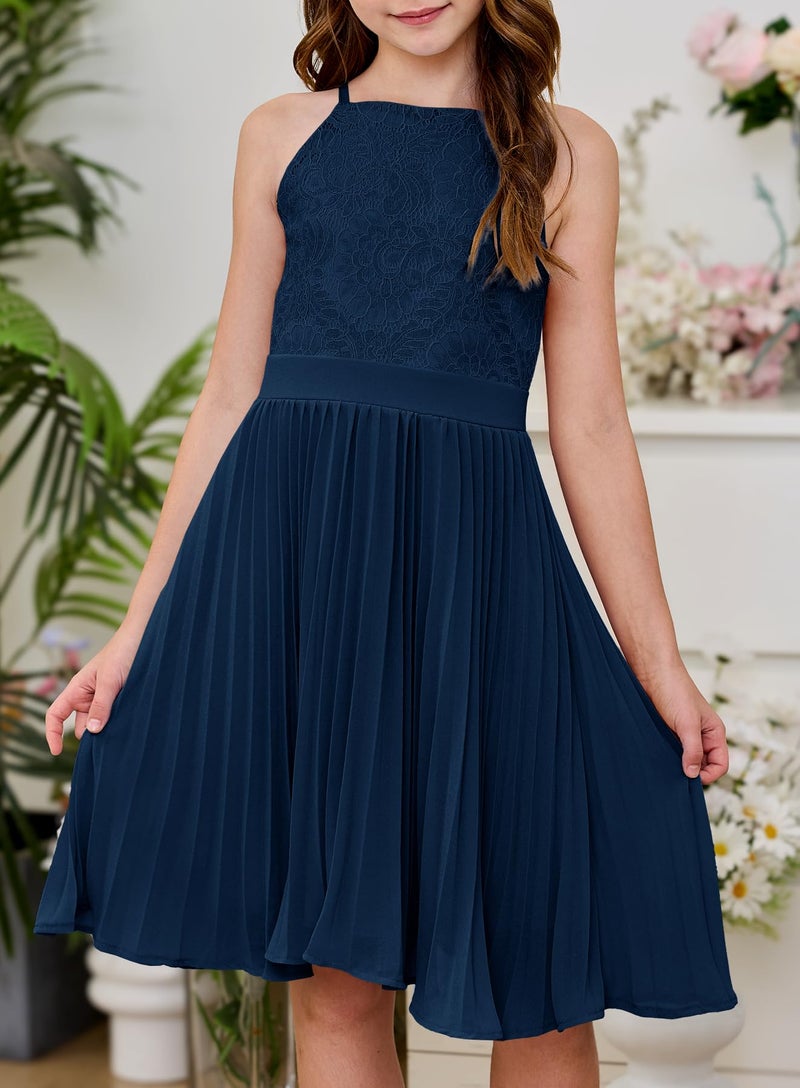 HOSIKA Teen Girls Vintage Floral Lace Chiffon Dress Halter A Line Bridesmaid Casual Party Dresses Navy Blue - Image 3