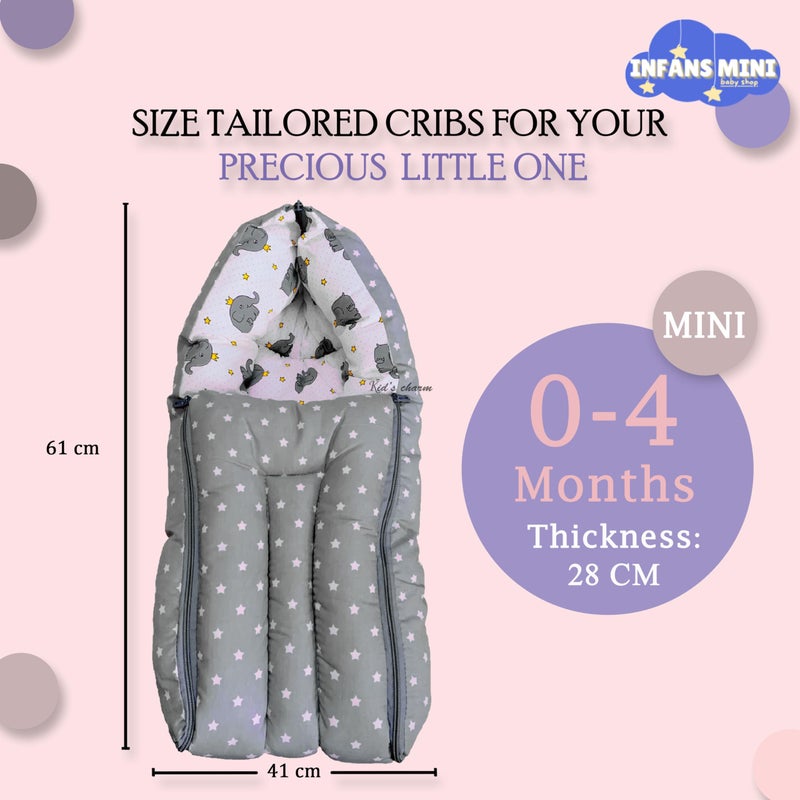 Infans Mini Elephant Mini 3 in 1 Baby's Cotton Bed Cum Carry Bed Printed Baby Sleeping Bag-Baby Bed-Infant Portable for Unisex Easily Portable, Light Weight Carry for New Born 0-4 Months Old(Grey) - Image 2