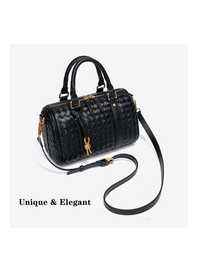 YP Woven Handbags for Women Vegan Leather Boston Barrel Bag Top Handle Satchel Purses and Handbags Crossbody Shoulder Bags, Black, 9.8 x 4.7 x 6.3 inches - Image 3