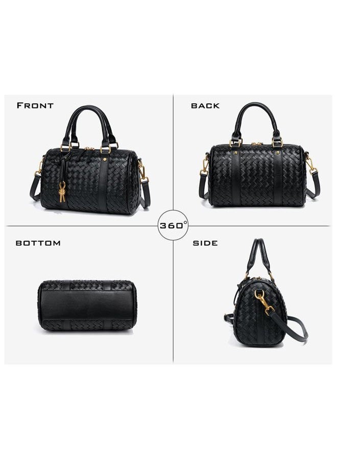 YP Woven Handbags for Women Vegan Leather Boston Barrel Bag Top Handle Satchel Purses and Handbags Crossbody Shoulder Bags, Black, 9.8 x 4.7 x 6.3 inches - Image 4