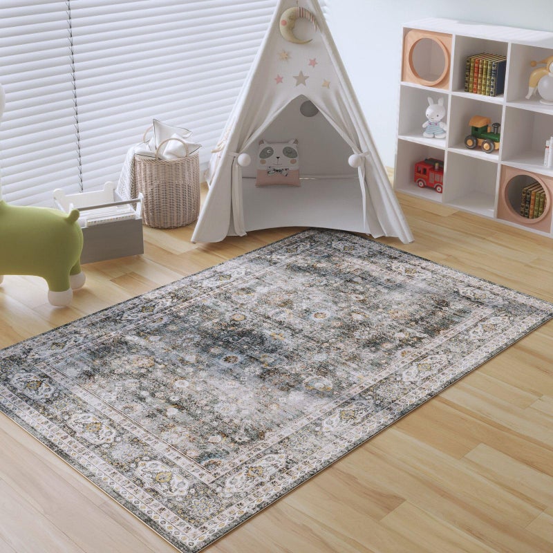 Rugcomf Bedroom Rug 3x5 Rug Washable Area Rug Non Slip Low Pile Small Carpet for Bedroom, Bedside, Kitchen, Entryway, Kids Room, Office, College Dorm Essentials for Girls(Grey and Brown) - Image 1