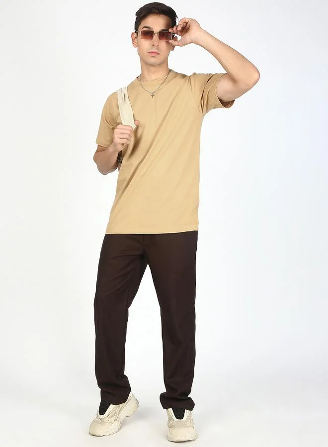 Styli Men Beige Solid Regular Fit T-Shirt By Bene Kleed