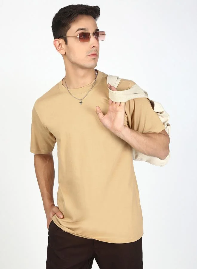 Take Two Men Beige Solid Regular Fit T-Shirt